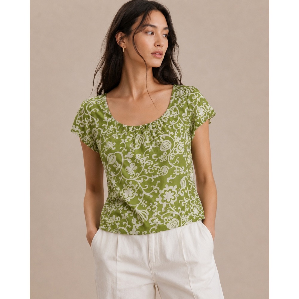 Ann Taylor Green Floral Scroll Mesh Short Sleeve Top XL Blouse 8018-097